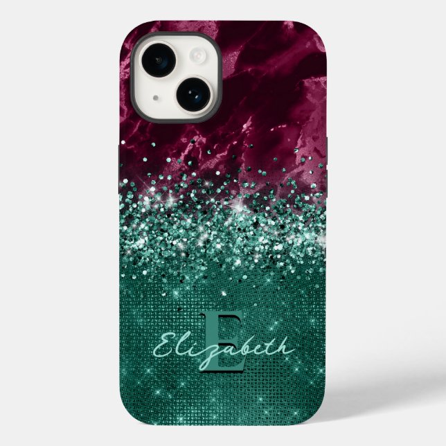 Modern Burgundy Teal Mint Glitter Marble Monogram (Baksida)