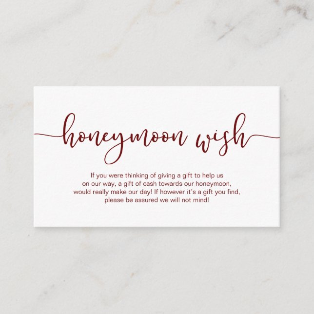 Modern burgundy typeface, Bröllop Honeymoon Wish Tilläggskort (Framsida)