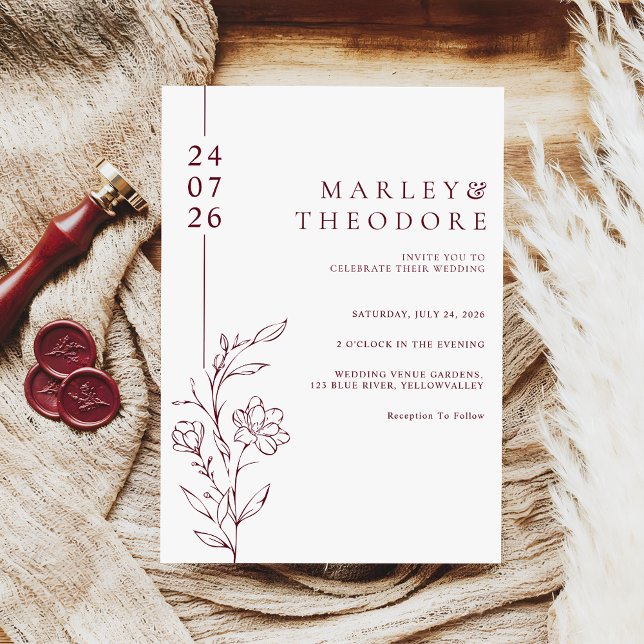 Modern Burgundy Typography Floral Line Art Wedding Inbjudningar (Skapare uppladdad)