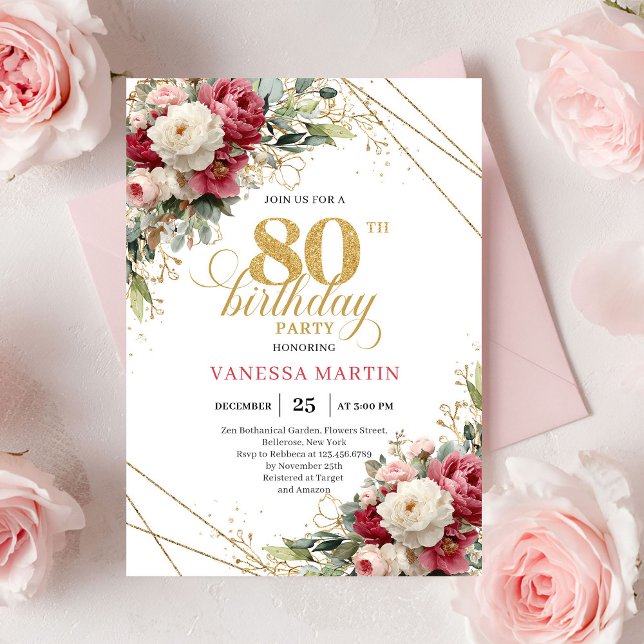 Modern Burgundy Vitguld 80-års Födelsedagsinbjudan Inbjudningar (Modern Burgundy White Gold 80th Birthday Invite)