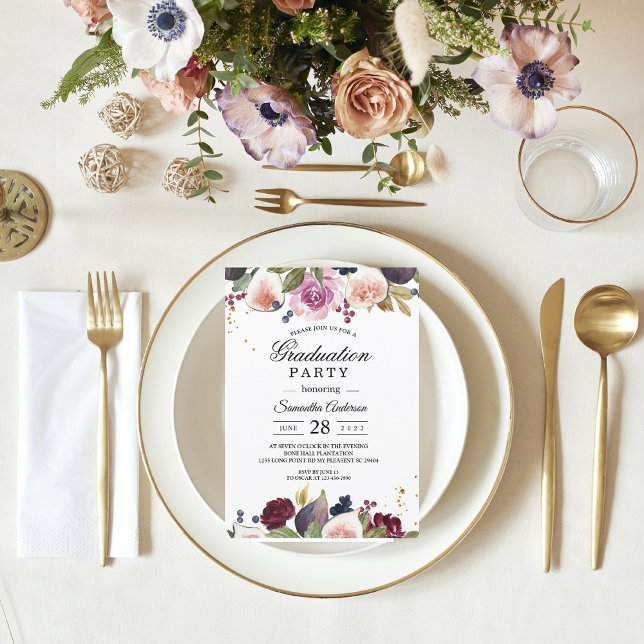 Modern Burgundy Watercolor Flowers & Berry Inbjudningar (Skapare uppladdad)