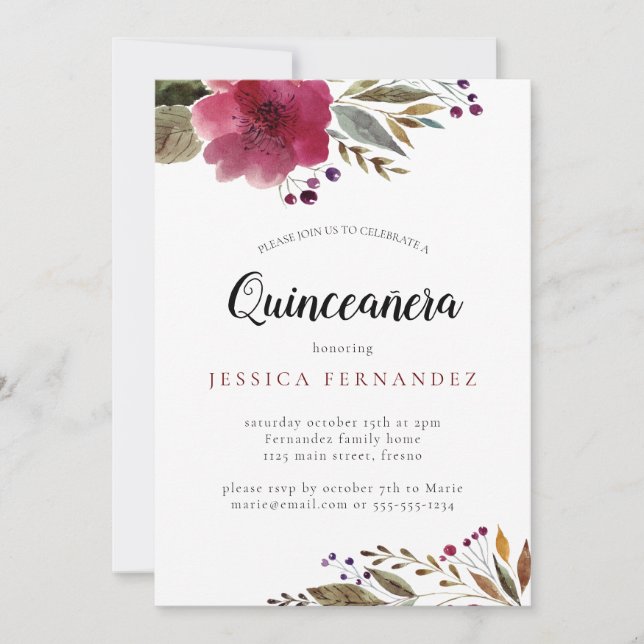 Modern Burgundy Watercolor Flowers Quinceañera Inbjudningar (Framsida)