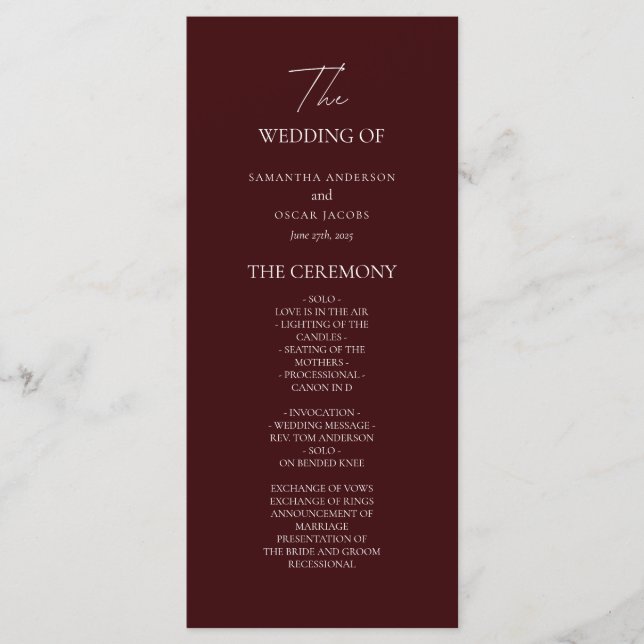 Modern Burgundy Wedding Ceremony Program | (Framsida)