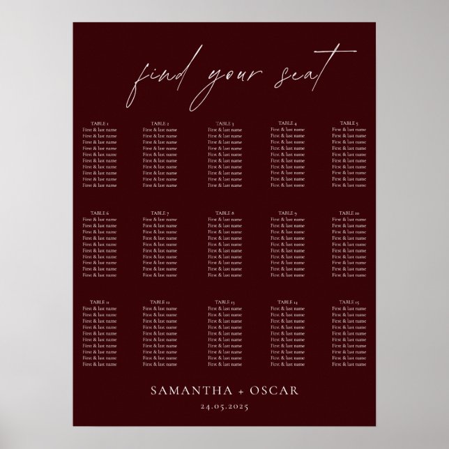 Modern Burgundy Wedding Seating Chart Poster (Framsidan)