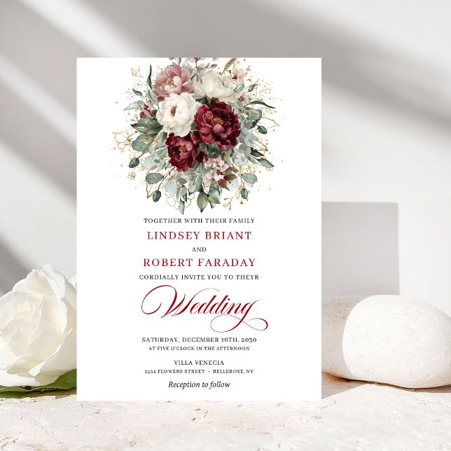 Modern Burgundy White Floral Gold Wedding Invite Inbjudningar (Modern Burgundy White Floral Gold Wedding Invitation)
