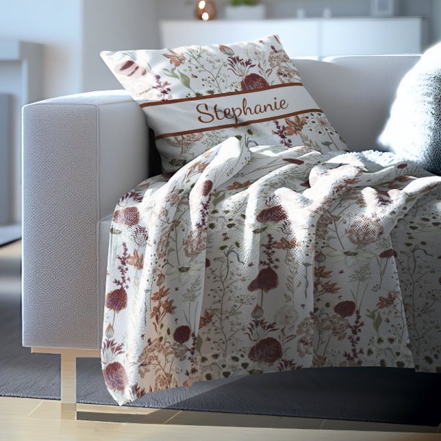 Modern Burgundy Wildblommor | Elegant Boho Blommig Fleecefilt (Skapare uppladdad)