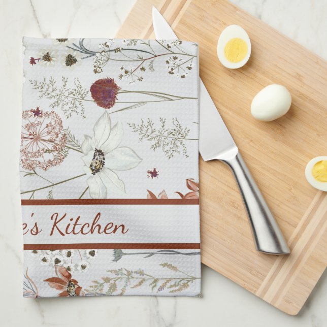 Modern Burgundy Wildblommor | Elegant Boho Blommig Kökshandduk (Vikt i Fjärdedel)