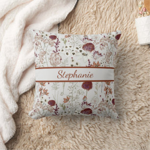 Modern Burgundy Wildblommor Elegant Boho Blommig Kudde