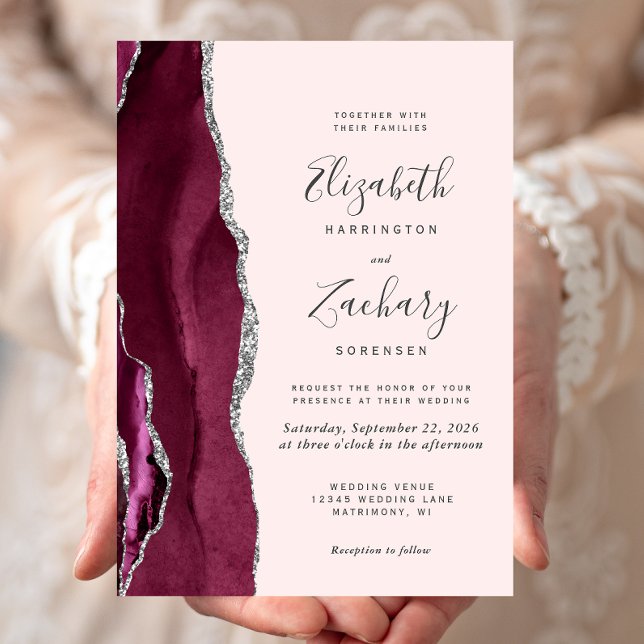 Modern Burgundyröd Silver Agat Rosa Bröllop Inbjudningar (Skapare uppladdad)
