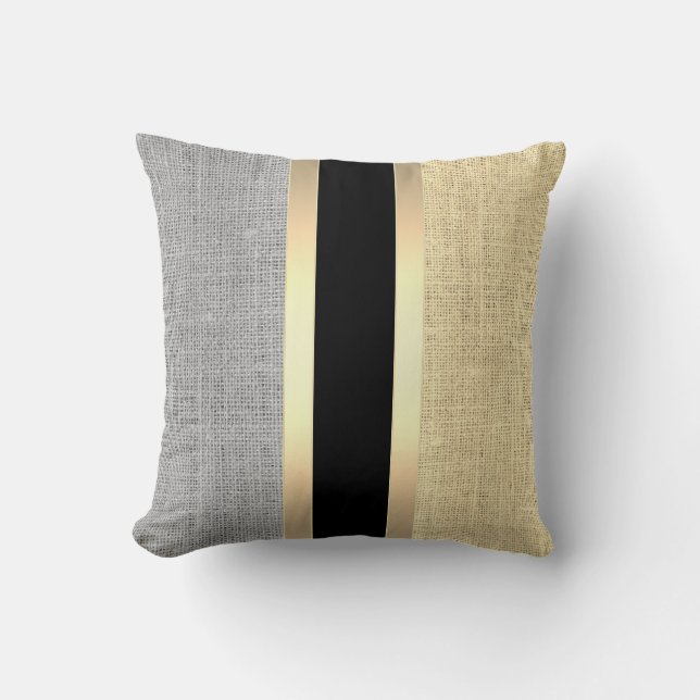 Modern Burlap Guld Stripe Kudde (Framsida)