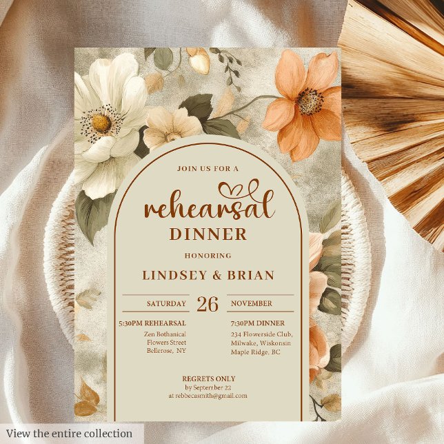 Modern Burnt Orange Ivory Sage Floral Rehearsal  Inbjudningar (Modern Burnt Orange Ivory Sage Floral Rehearsal Invitation)