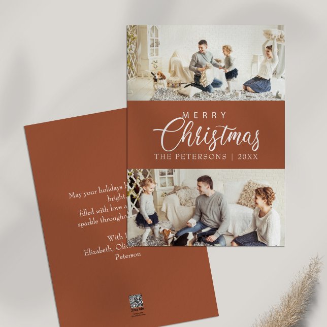 Modern Burnt Orange Photo Collage jul Julkort (Modern Burnt Orange Photo Collage Christmas Holiday Card on white table.)