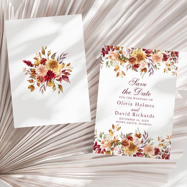Modern Burnt Orange Terracotta Wildblommor Bröllop Spara Datumet (Modern Burnt Orange Terracotta Wildflowers Wedding Save The Date on a sunny neutral dry palm leaf.)