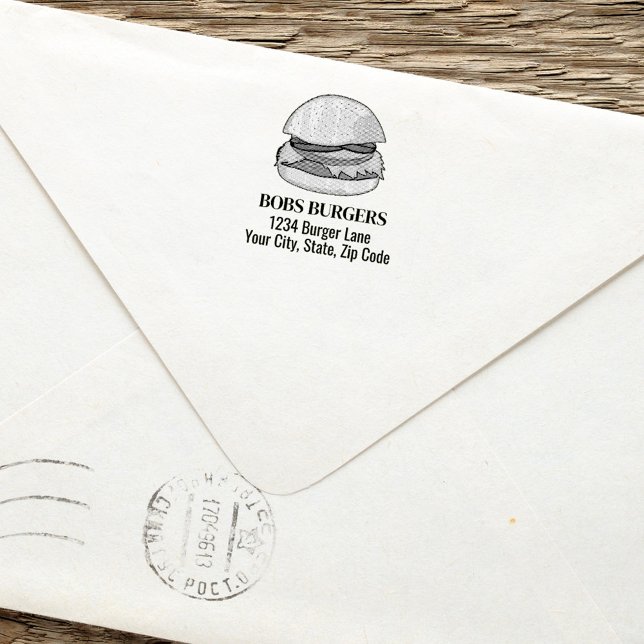 Modern Business Burger Anpassningsbar Adress Självfärgande Stämpel (Hamburger custom business return address stamp.)