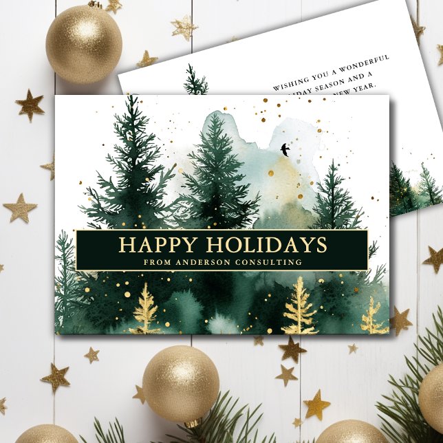 Modern Business Christmas Holiday Card Gold Green Julkort (Skapare uppladdad)