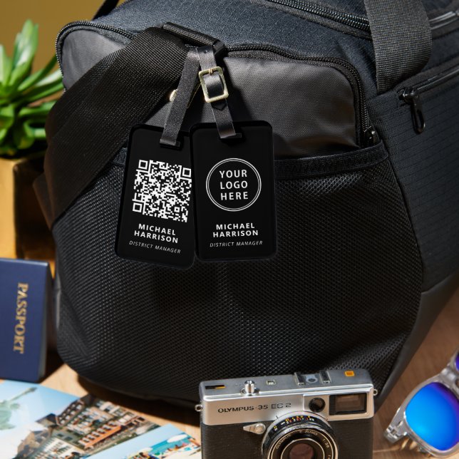 Modern Business Logotyp QR Code Black Bagagebricka (Fram & Baksida)