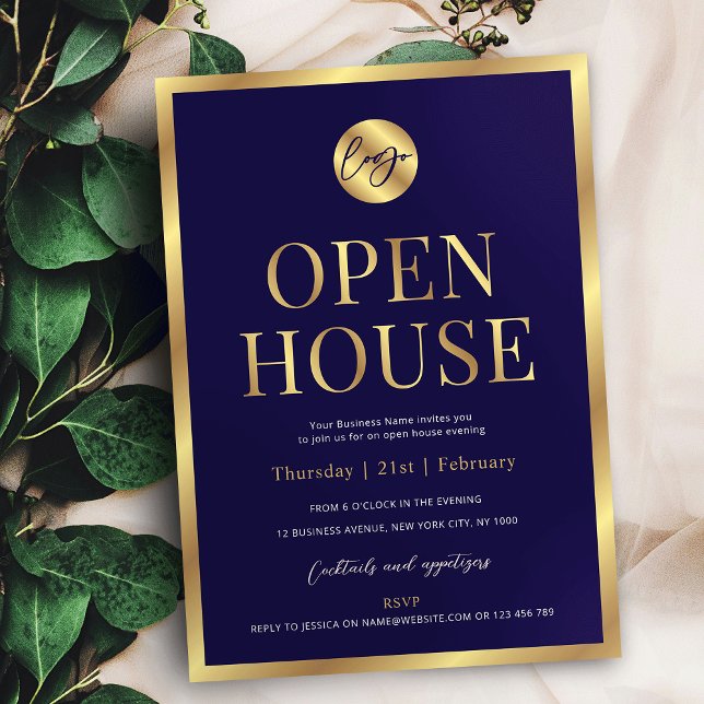 Modern Business Open House för marin och Guld Logo Inbjudningar (Professional navy blue and faux gold business logo open house invitation design)