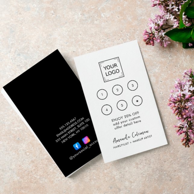 Modern Business Reward 6 Slår svart Logotyp Visitkort (6 punch with your logo loyalty card. Instagram FACEBOOK ACCOUNT ICONS)