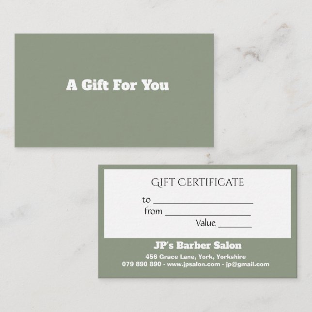 Modern Business Sage Green Custom Gift Certificate Lojalitetskort (Fram/baksida)