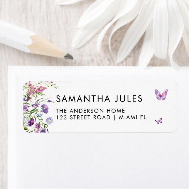 Modern Butterflies Lila Blommigt Returadress Returadress Etikett (Insitu)