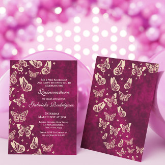 Modern Butterfly Rosa Guld Quinceañera 15 Party Inbjudningar