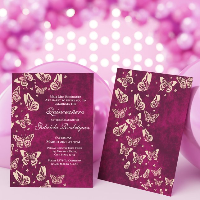 Modern Butterfly Rosa Guld Quinceañera 15 Party Inbjudningar (Modern Butterfly Pink Gold Quinceañera 15th Party Invitation)