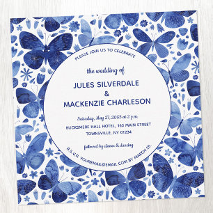 Modern Butterfly Watercolor Indigo Blue Bröllop Inbjudningar