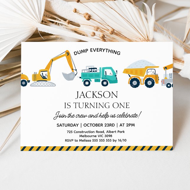Modern byggnation i Lastbil 1:a födelsedag Inbjudningar (Modern Construction 1st Birthday Invitation, Dump Everything Construction Birthday Invite, Truck)