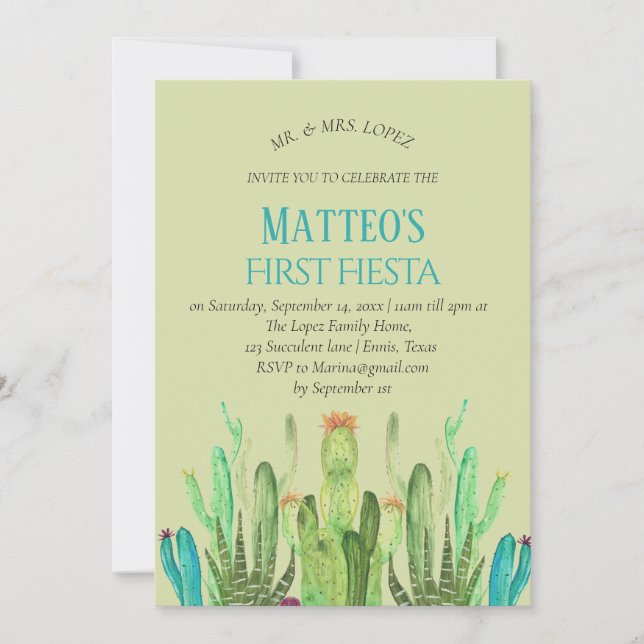 Modern Cactus Boy First Fiesta Birthday Inbjudningar (Framsida)