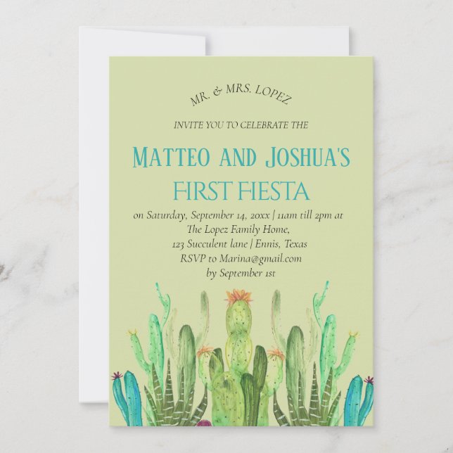 Modern Cactus Boy First Fiesta Birthday Inbjudningar (Framsida)
