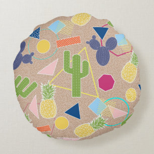 Modern cactus geometric Memphis inspirerade mönst Rund Kudde