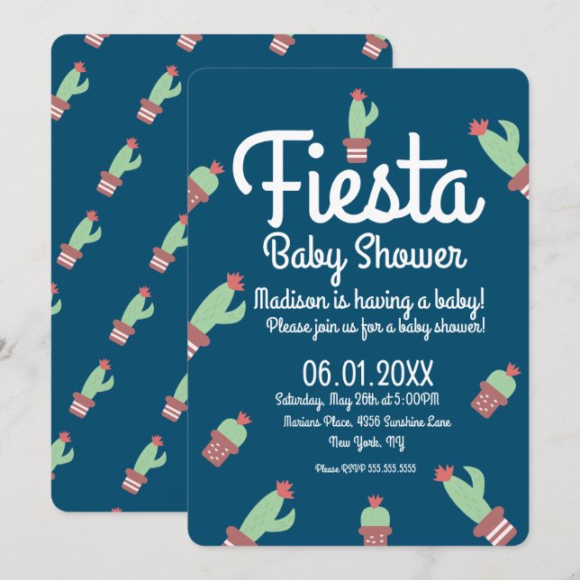 Modern Cactus Gräns Fiesta Baby Shower Inbjudningar (Fram/baksida)