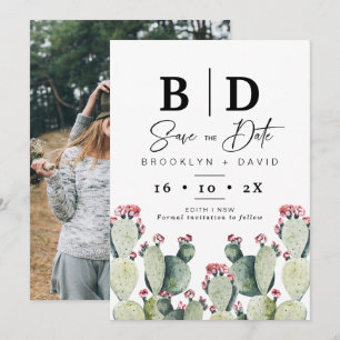 Modern Cactus Photo Bröllop spara datum Card Inbjudningar