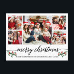 Modern calligrafi 5 Photo Family God jul Vykort<br><div class="desc">Modern Calligraphy Script 5 Photo Family Photo Collage God jul Postcard innehåller Watercolor jul Holly Berries</div>