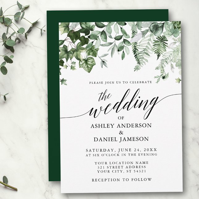 Modern calligrafi Bröllop Ivy Sage Greenery Inbjudningar (Customize to change your personalized text size, style or color of back of card.)