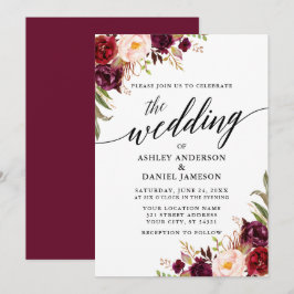 Modern calligrafi Burgundy Blommigt Bröllop Inbjudningar