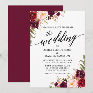 Modern calligrafi Burgundy Blommigt Bröllop Inbjudningar