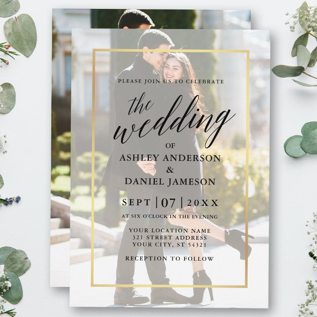 Modern calligrafi Guld Ram Foto Bröllop Inbjudningar (Customize to change your personalized text size or text style.)