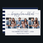 Modern calligrafi Hanukkah 3 Photo Blue Rand Julkort<br><div class="desc">Modern Trendig Calligraphy Script 3 Photo Family Photo Collage Lycklig Hanukah Card - Navy Blue and White Rand Back</div>