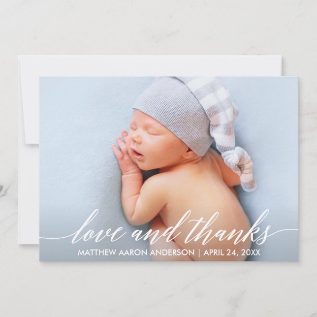 Modern calligrafi Kärlek och tack Baby Foto Kort (Framsida)