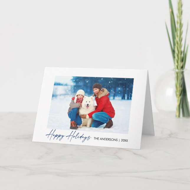 Modern calligrafi - mappat foto med blå Bläck-skri Helgkort (Framsida)