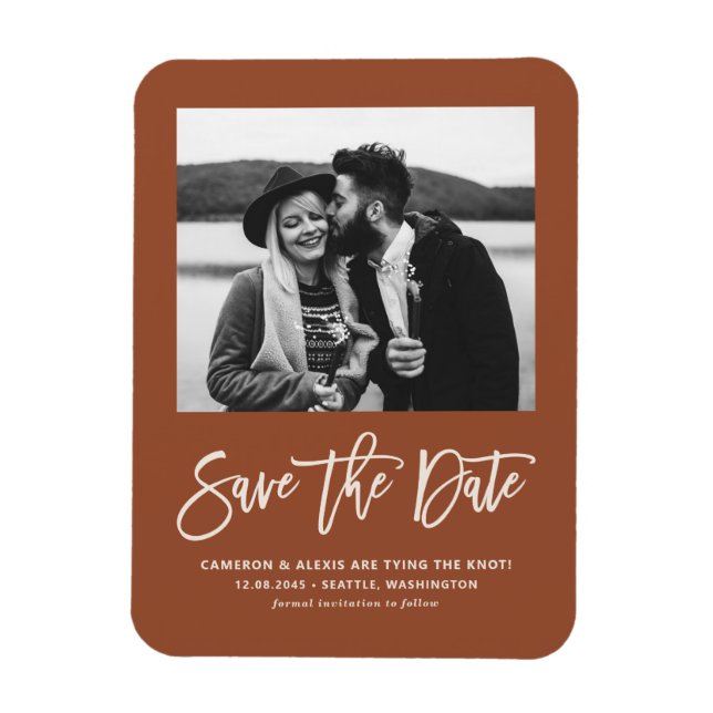Modern calligrafi Terracotta Photo Save Date Magnet (Vertikal)