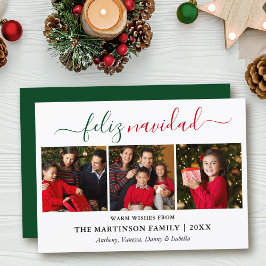 Modern Calligraphy 3 Photo Grönt Red Feliz Navidad Julkort