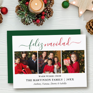 Modern Calligraphy 3 Photo Grönt Red Feliz Navidad Julkort