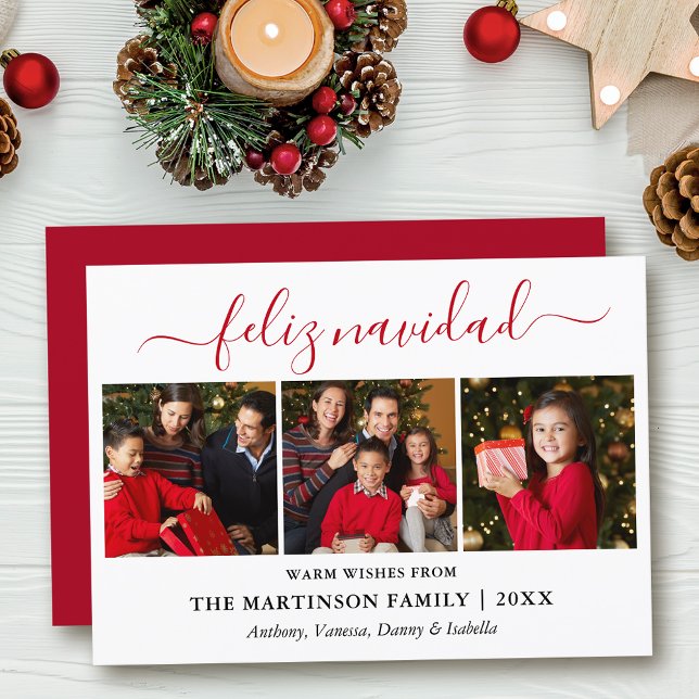 Modern Calligraphy 3 Photo Red Feliz Navidad Julkort (Customize to add text to back of card.)