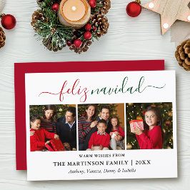Modern Calligraphy 3 Photo Red Grönt Feliz Navidad Julkort