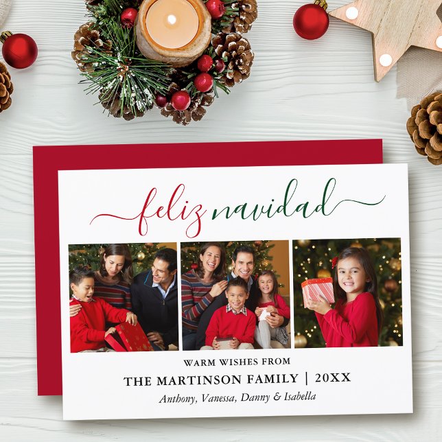 Modern Calligraphy 3 Photo Red Grönt Feliz Navidad Julkort (Customize to add text to back of card.)