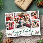 Modern Calligraphy 5 Photo Collage Family Julkort<br><div class="desc">Modern Calligraphy Script 5 Photo Family Photo Collage Glad helg Card innehåller Watercolor jul Holly Berries</div>