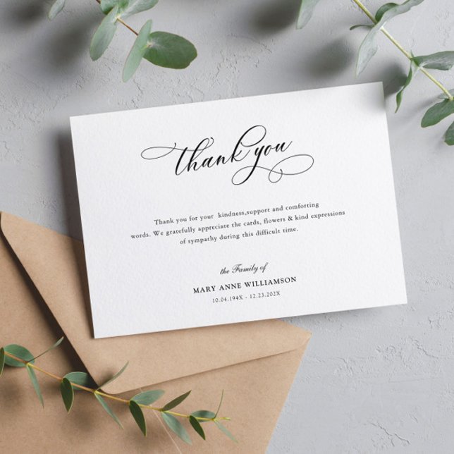 modern calligraphy begravning tackkort (Skapare uppladdad)