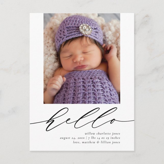 Modern Calligraphy Birth Notification Postcard Vykort (Framsida)